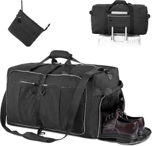 CONTAIL 120L Foldable Nylon Duffle Bag with Thickened Bottom and Shoes Compartment,Waterproof Travel Carry On Bag With Adjustable Strap,Black