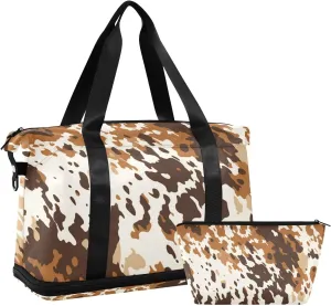 Cow Print Gym Bag for Men Women with Shoes Compartment & Wet Pocket Sport Travel Duffel Bag Waterproof Weekender Overnight Bag