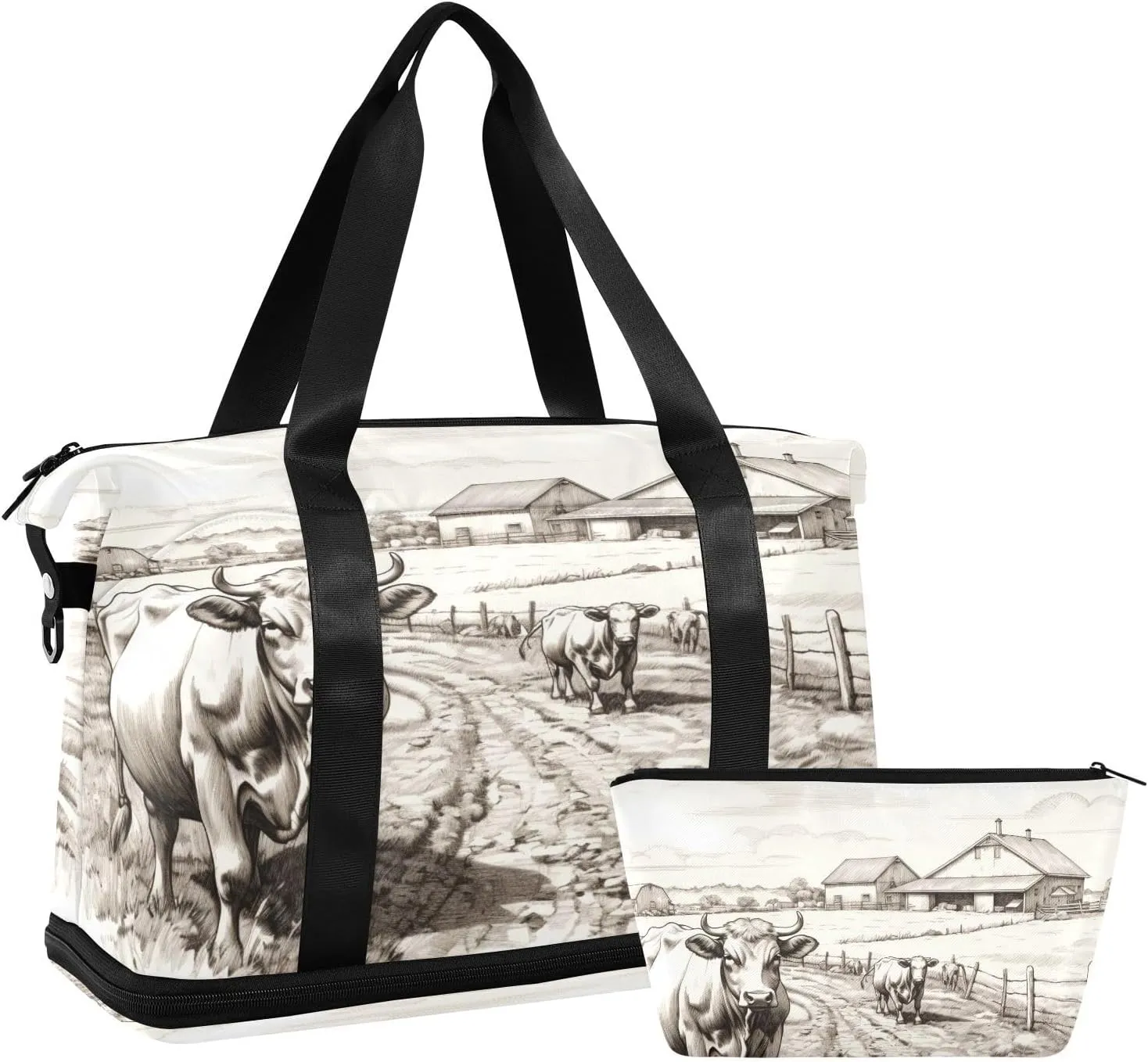 Cows in Field Gym Bag for Men Women with Shoes Compartment & Wet Pocket Sport Travel Duffel Bag Waterproof Weekender Overnight Bag