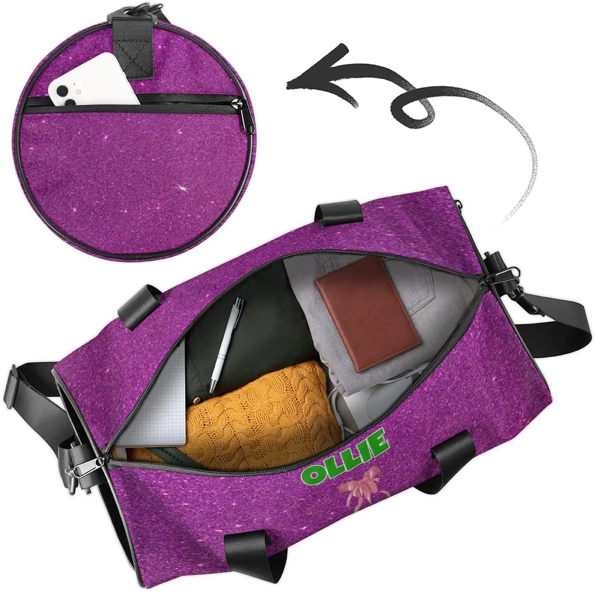 Custom Name Dance Bag Sports Duffel Bags, Cheerleaders Personalized Sport Gym Bag Travel Practice Gymnastics Bag, Purple Glitter Effect DANCE, Ballet Shoes