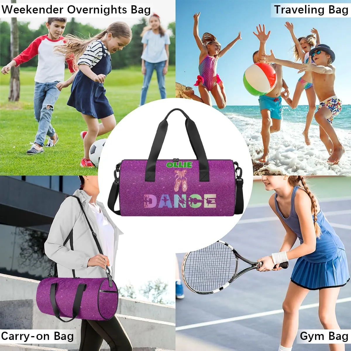 Custom Name Dance Bag Sports Duffel Bags, Cheerleaders Personalized Sport Gym Bag Travel Practice Gymnastics Bag, Purple Glitter Effect DANCE, Ballet Shoes