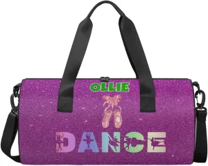 Custom Name Dance Bag Sports Duffel Bags, Cheerleaders Personalized Sport Gym Bag Travel Practice Gymnastics Bag, Purple Glitter Effect DANCE, Ballet Shoes