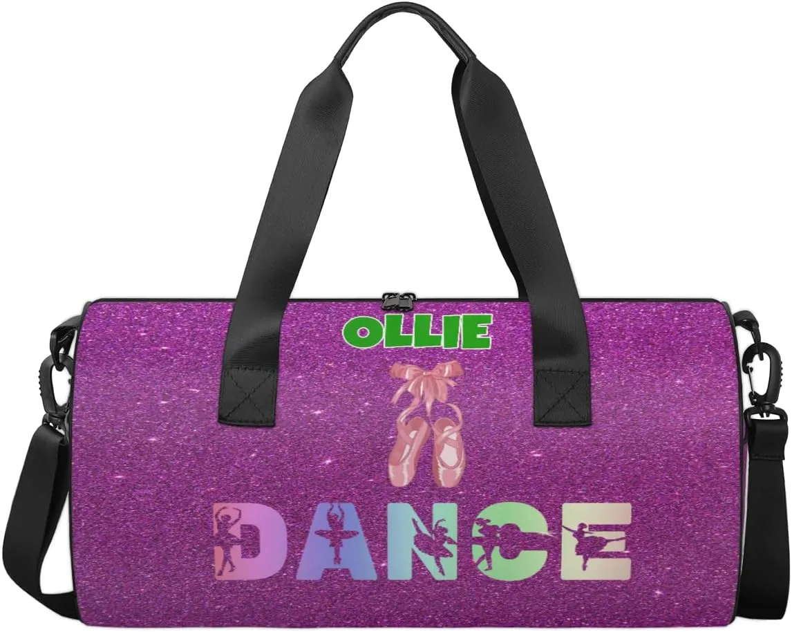Custom Name Dance Bag Sports Duffel Bags, Cheerleaders Personalized Sport Gym Bag Travel Practice Gymnastics Bag, Purple Glitter Effect DANCE, Ballet Shoes