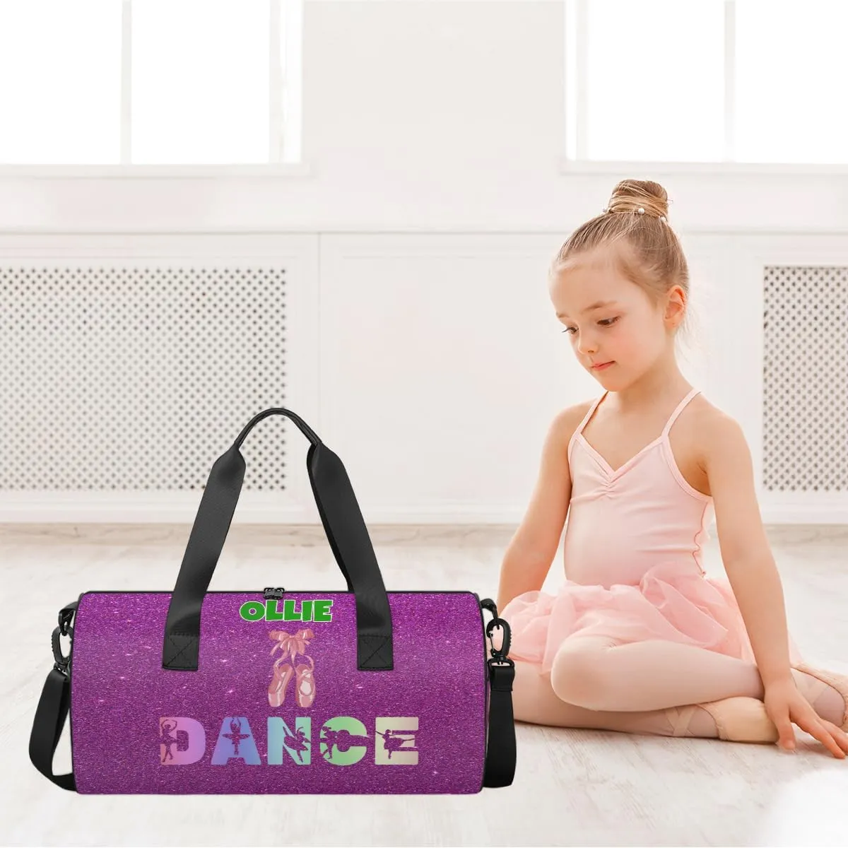 Custom Name Dance Bag Sports Duffel Bags, Cheerleaders Personalized Sport Gym Bag Travel Practice Gymnastics Bag, Purple Glitter Effect DANCE, Ballet Shoes