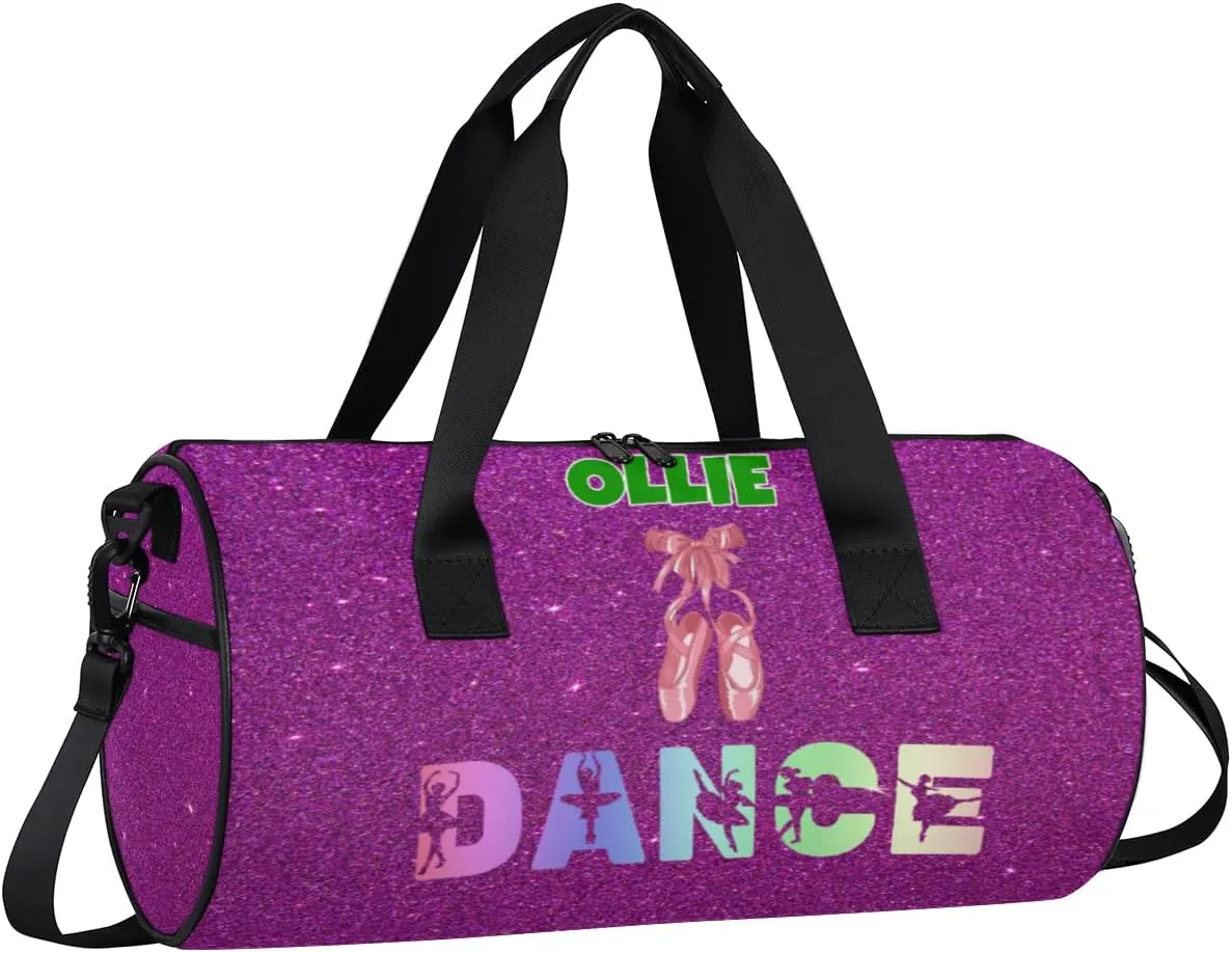 Custom Name Dance Bag Sports Duffel Bags, Cheerleaders Personalized Sport Gym Bag Travel Practice Gymnastics Bag, Purple Glitter Effect DANCE, Ballet Shoes