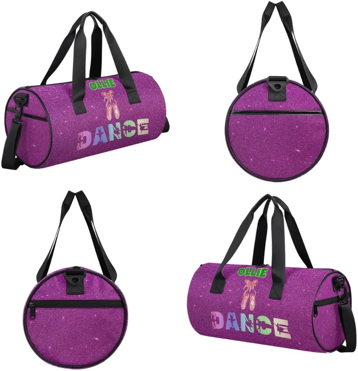Custom Name Dance Bag Sports Duffel Bags, Cheerleaders Personalized Sport Gym Bag Travel Practice Gymnastics Bag, Purple Glitter Effect DANCE, Ballet Shoes