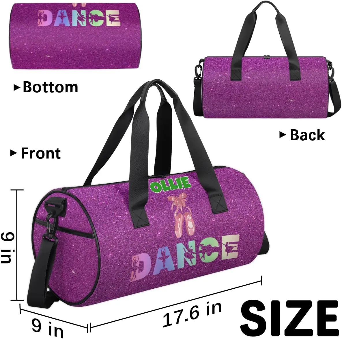 Custom Name Dance Bag Sports Duffel Bags, Cheerleaders Personalized Sport Gym Bag Travel Practice Gymnastics Bag, Purple Glitter Effect DANCE, Ballet Shoes