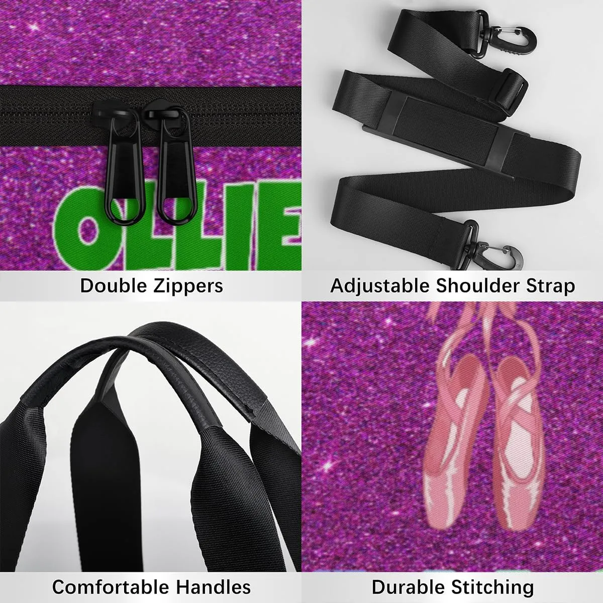 Custom Name Dance Bag Sports Duffel Bags, Cheerleaders Personalized Sport Gym Bag Travel Practice Gymnastics Bag, Purple Glitter Effect DANCE, Ballet Shoes