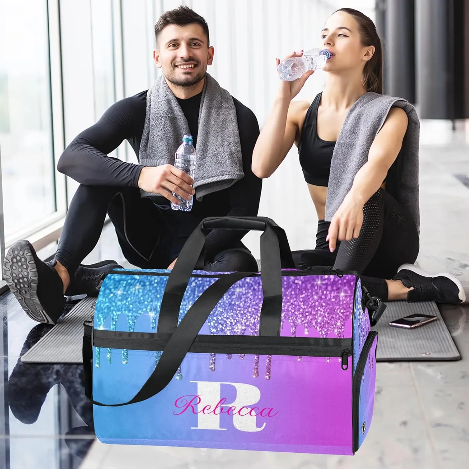 Custom Name Sports Bag Personalized Gym Bag with Shoes Compartment for Women Men Overnight Weekender Travel Duffel Bags, Blue Purple
