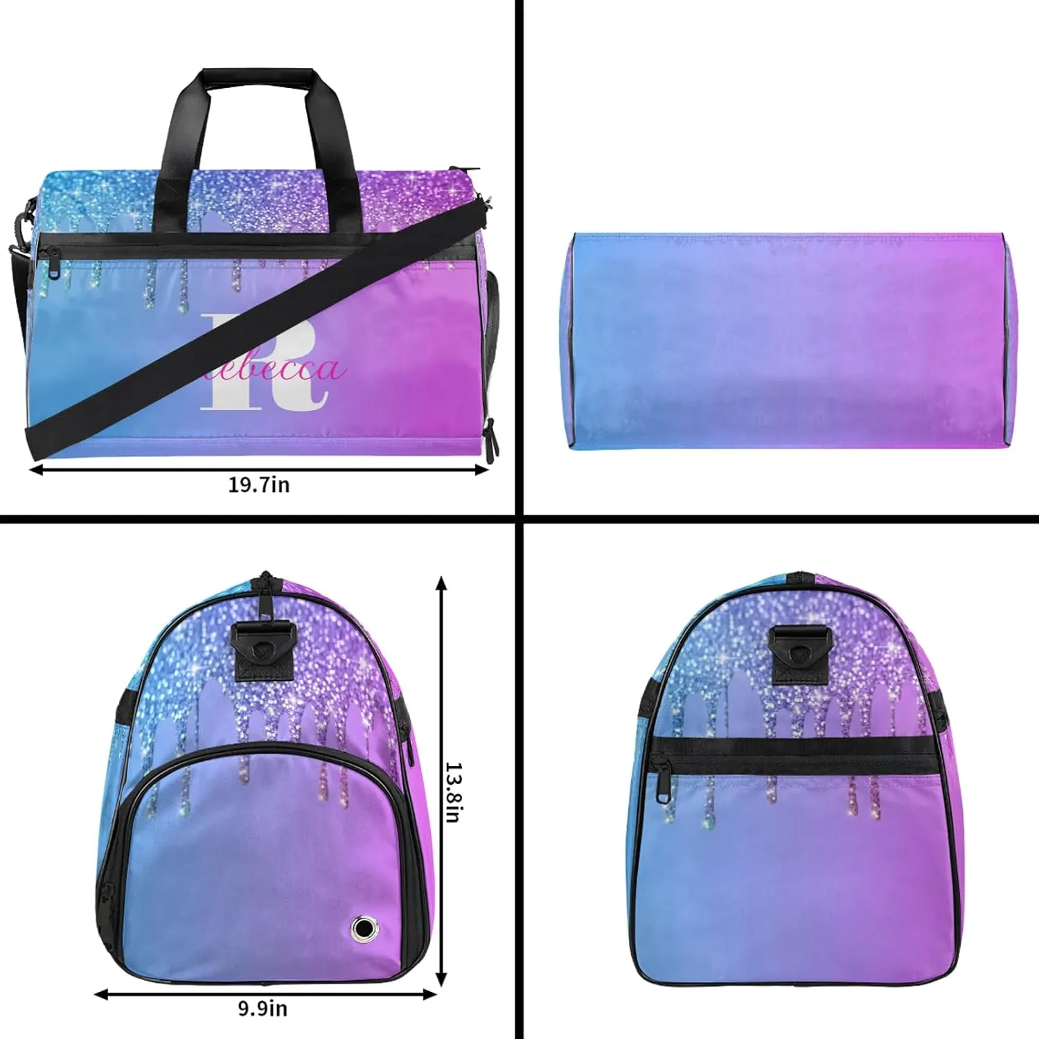 Custom Name Sports Bag Personalized Gym Bag with Shoes Compartment for Women Men Overnight Weekender Travel Duffel Bags, Blue Purple