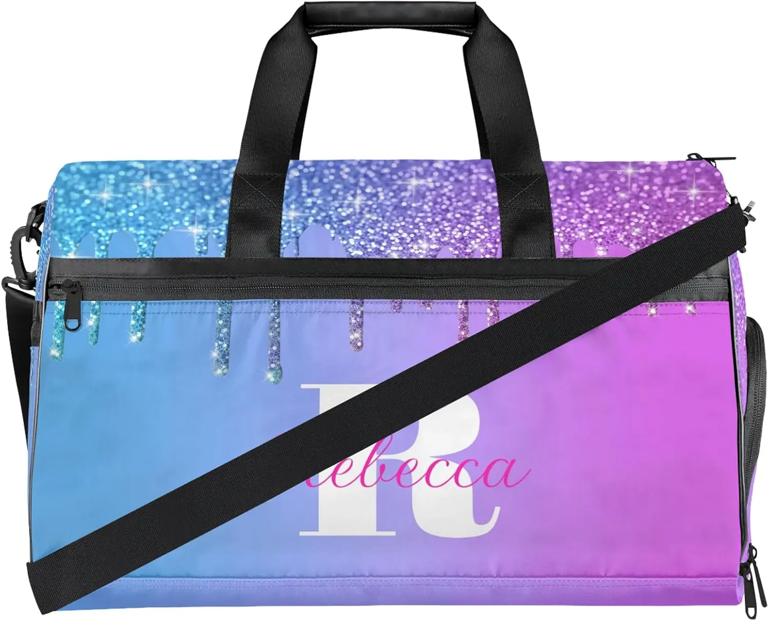 Custom Name Sports Bag Personalized Gym Bag with Shoes Compartment for Women Men Overnight Weekender Travel Duffel Bags, Blue Purple