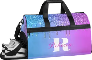 Custom Name Sports Bag Personalized Gym Bag with Shoes Compartment for Women Men Overnight Weekender Travel Duffel Bags, Blue Purple