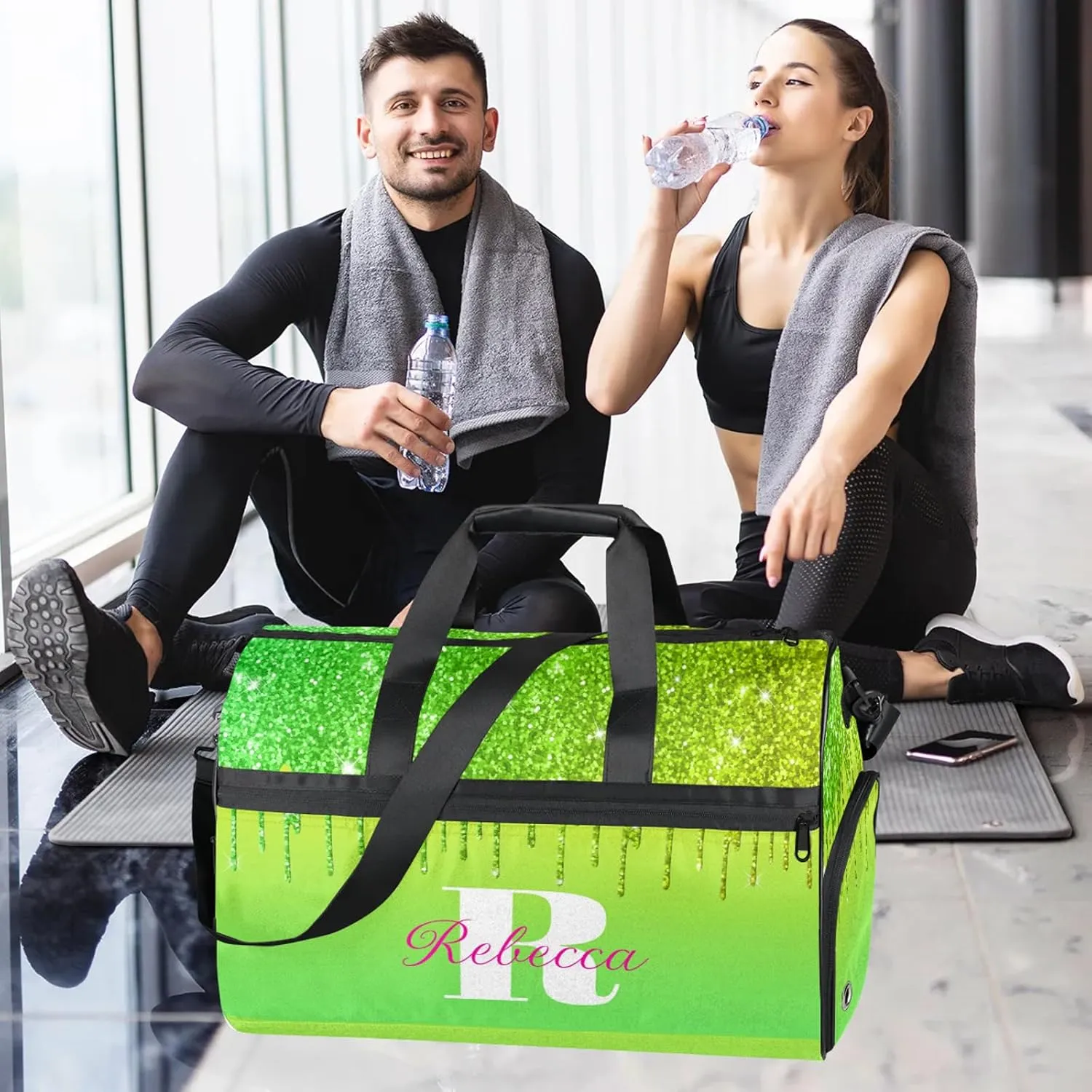Custom Name Sports Bag Personalized Gym Bag with Shoes Compartment for Women Men Overnight Weekender Travel Duffel Bags, Grass Green