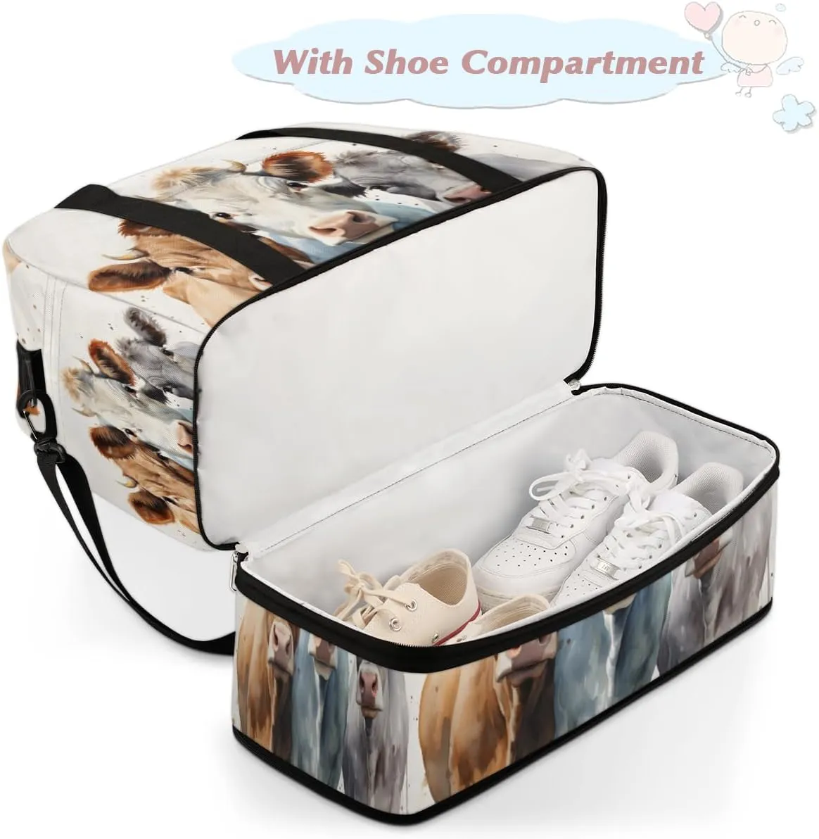 Cute Brown Cow Foldable Travel Duffel Bag Overnight Weekender Bag with Shoes Compartment Sports Gym Bag for Men Women