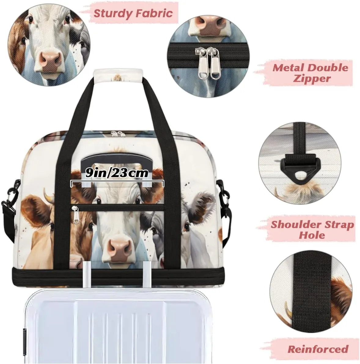 Cute Brown Cow Foldable Travel Duffel Bag Overnight Weekender Bag with Shoes Compartment Sports Gym Bag for Men Women