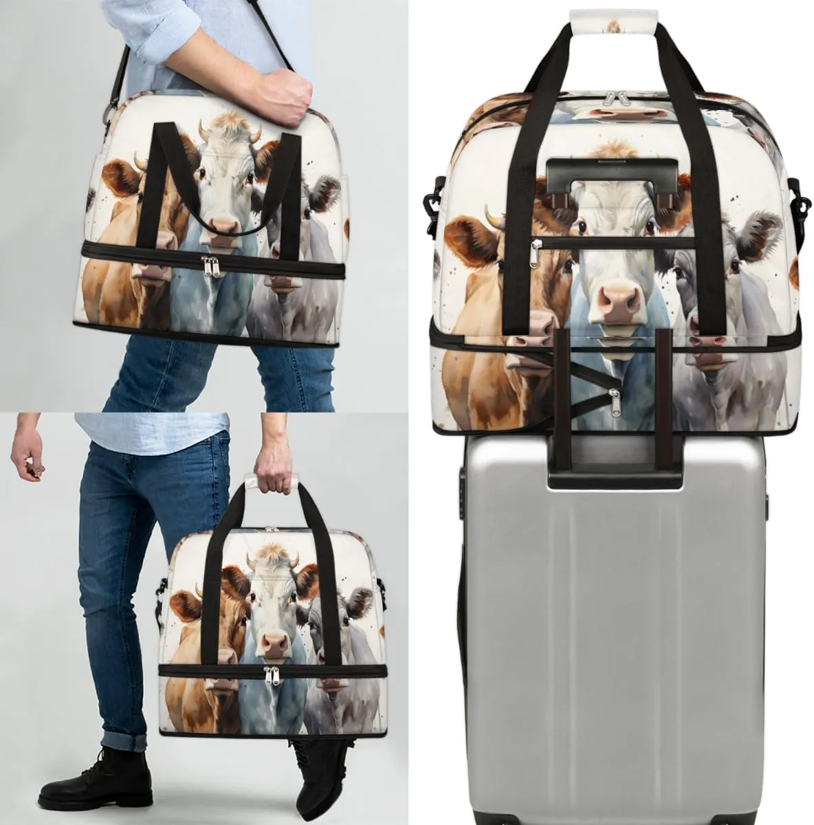 Cute Brown Cow Foldable Travel Duffel Bag Overnight Weekender Bag with Shoes Compartment Sports Gym Bag for Men Women