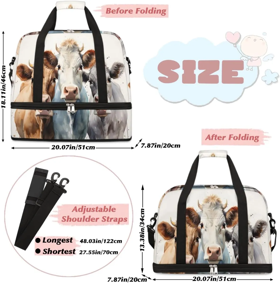 Cute Brown Cow Foldable Travel Duffel Bag Overnight Weekender Bag with Shoes Compartment Sports Gym Bag for Men Women
