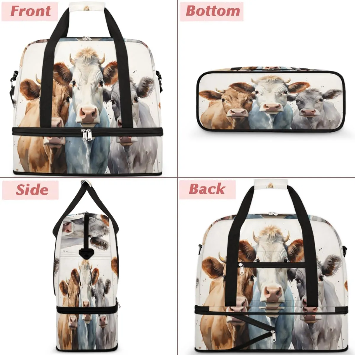 Cute Brown Cow Foldable Travel Duffel Bag Overnight Weekender Bag with Shoes Compartment Sports Gym Bag for Men Women