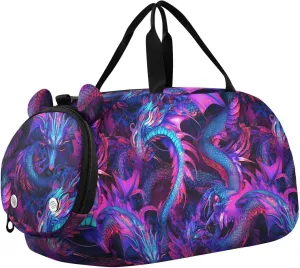 Cyberblue Purple Dragon Duffel Gym Bags with Shoes Compartment Lightweight Travel Duffel with Adjustable Strap for School Practice, Sports, Travel