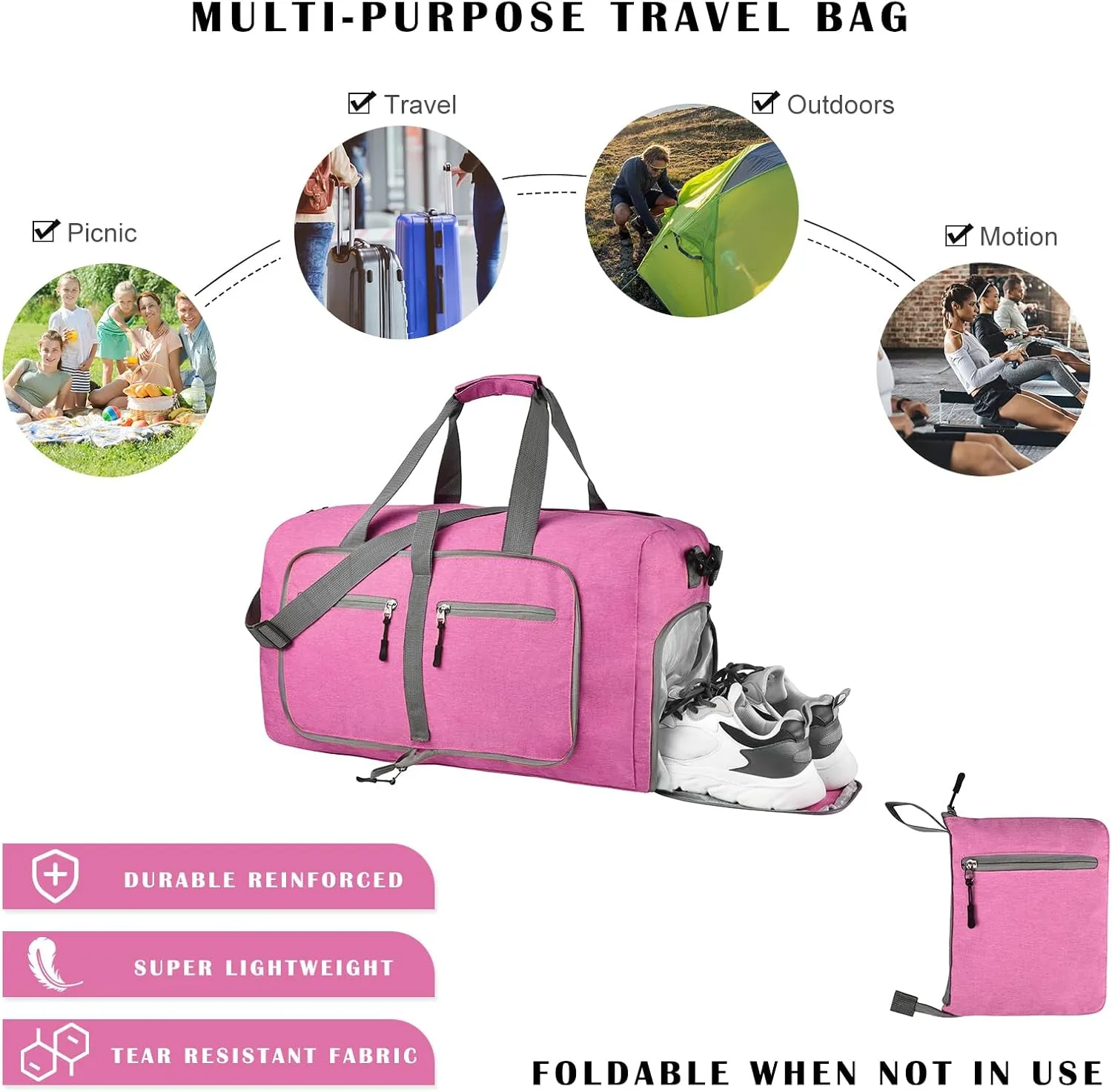 Dimayar 40L Travel Duffle Bag for Men Women - Foldable Duffel Bag with Shoes Compartment - Overnight Bags Waterproof & Tear Resistant(Rouge Pink)