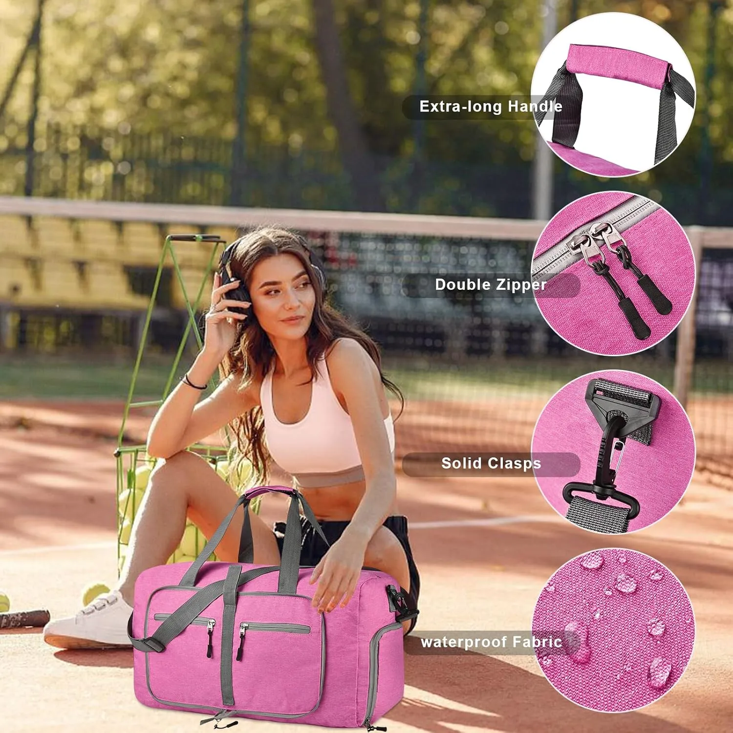 Dimayar 40L Travel Duffle Bag for Men Women - Foldable Duffel Bag with Shoes Compartment - Overnight Bags Waterproof & Tear Resistant(Rouge Pink)
