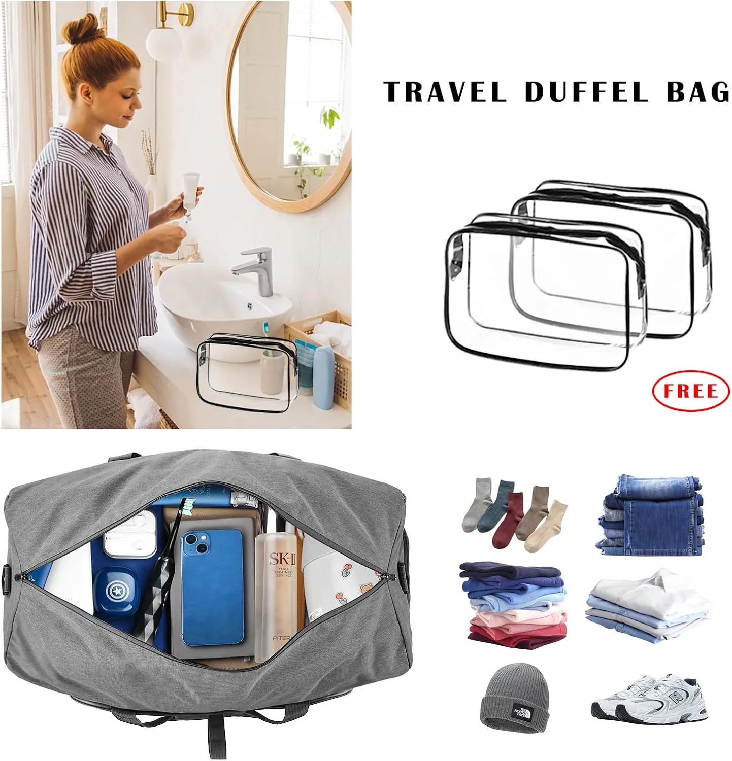 Dimayar 40L/65L/85L/115L Duffle Bag - Foldable Duffel Bag with Shoes Compartment Travel Duffle Bag Waterproof & Tear Resistant, A Gray, 65L