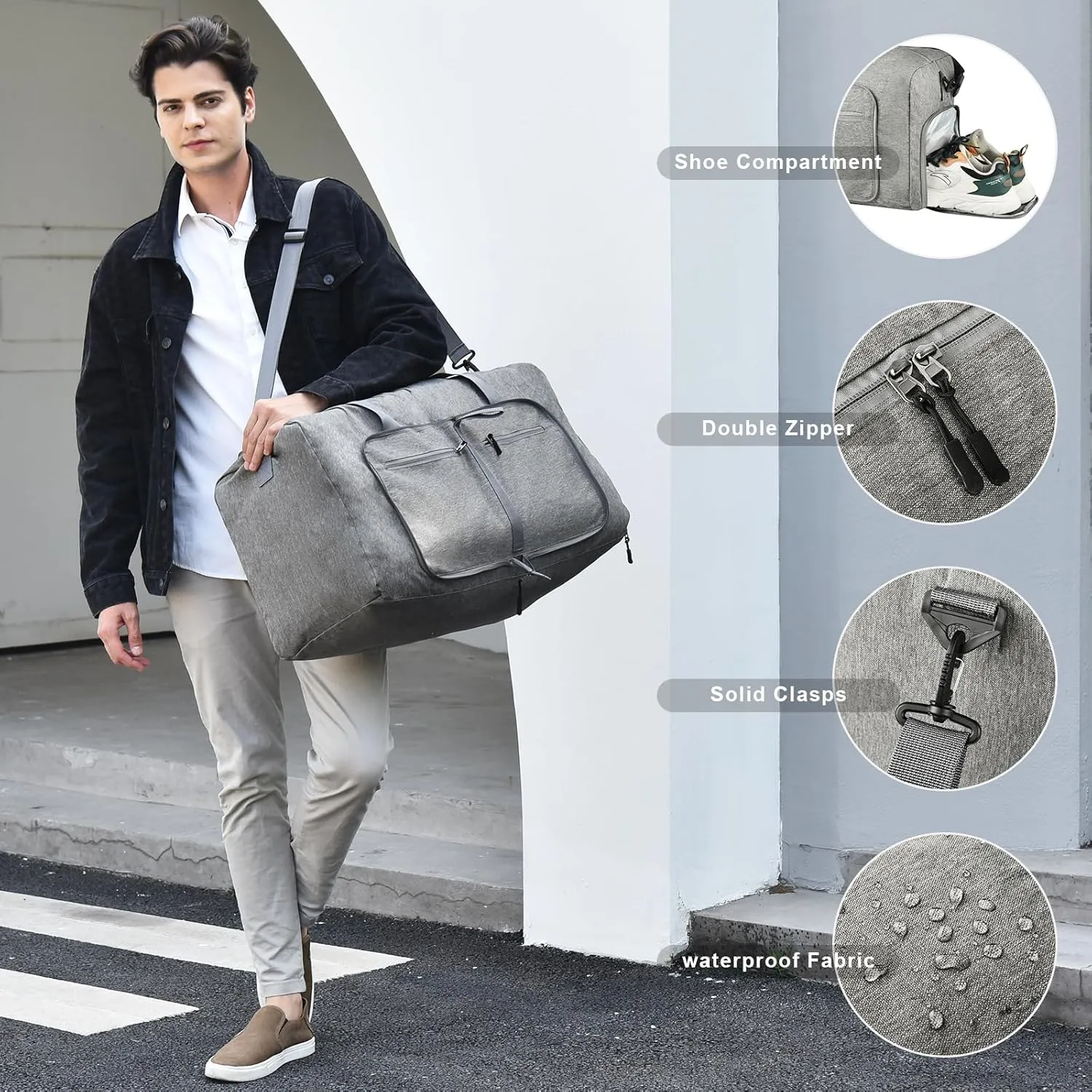 Dimayar 40L/65L/85L/115L Duffle Bag - Foldable Duffel Bag with Shoes Compartment Travel Duffle Bag Waterproof & Tear Resistant, A Gray, 65L