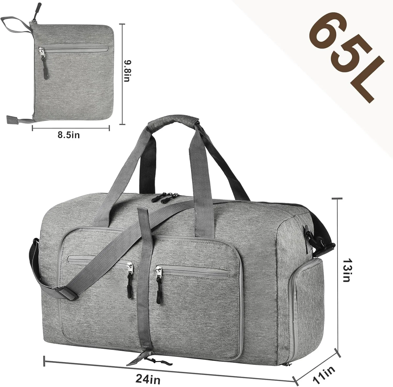 Dimayar 40L/65L/85L/115L Duffle Bag - Foldable Duffel Bag with Shoes Compartment Travel Duffle Bag Waterproof & Tear Resistant, A Gray, 65L