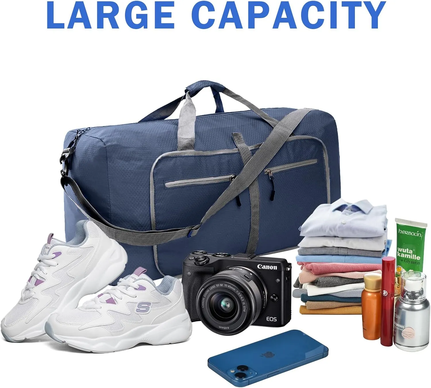 Dimayar Travel Duffle Bag for Men - Foldable Duffel Bag with Shoes Compartment - Overnight Bags Waterproof & Tear Resistant, Dark Blue Honeycomb, 65L