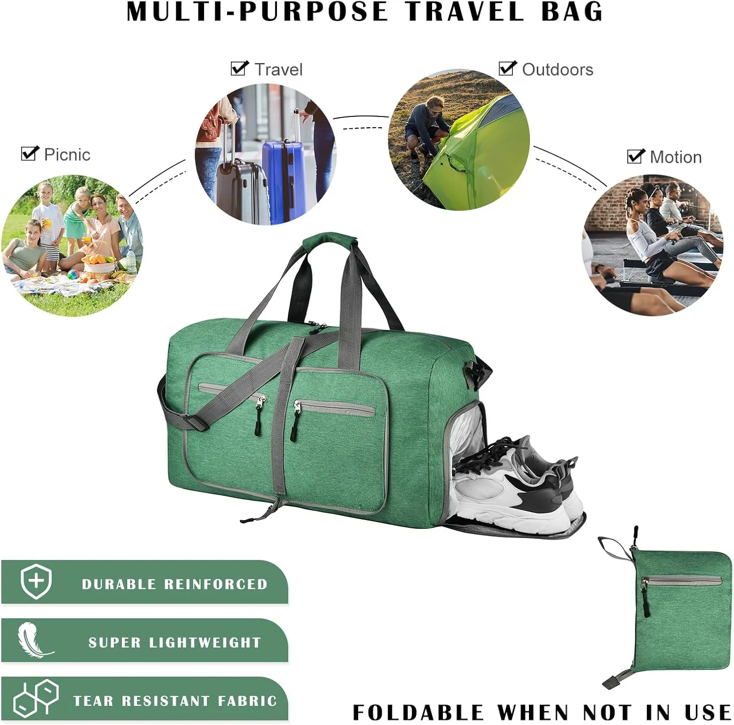 Dimayar Travel Duffle Bag for Men - Foldable Duffel Bag with Shoes Compartment - Overnight Bags Waterproof & Tear Resistant, Forest Green, 85L