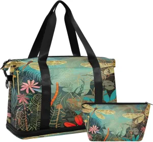 Dragonflies Flowers Sports Gym Bag,Travel Duffel bag with Wet Pocket & Shoes Compartment Lightweight Waterproof Overnight Bag for Men Women