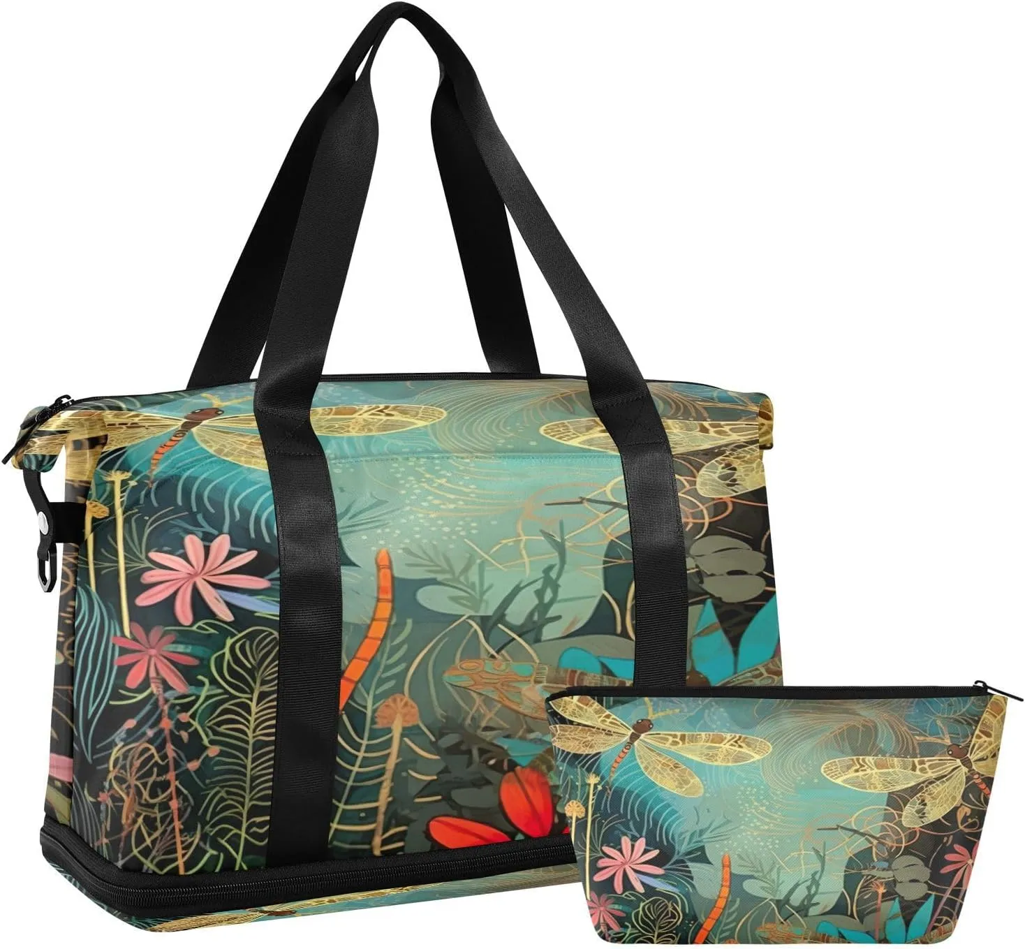 Dragonflies Flowers Sports Gym Bag,Travel Duffel bag with Wet Pocket & Shoes Compartment Lightweight Waterproof Overnight Bag for Men Women