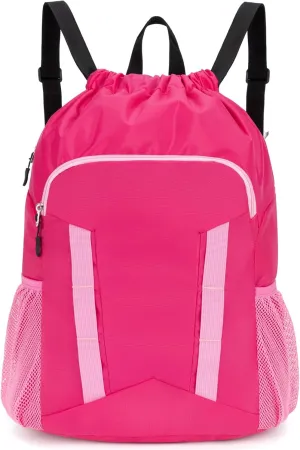Drawstring Backpack for Kids Sports Gym Bag with Shoes Compartment, Water Resistant Beach Swim Bag String Backpack for Girls and Boys, Pink