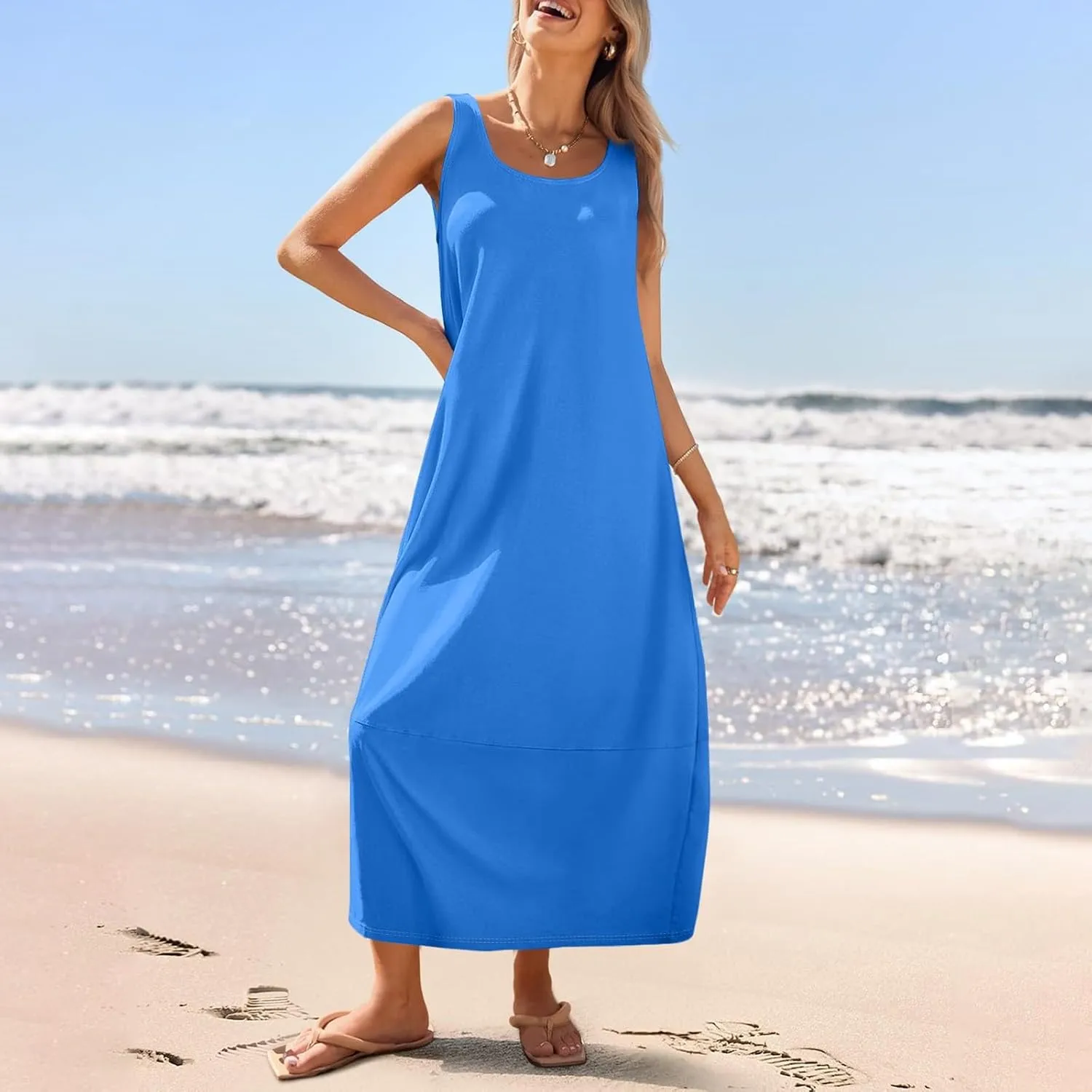 Dresses for Women 2025 Summer Casual Maxi Dress Scoop Neck Sleeveless Sundress Loose Flowy Beach Vacation Tank Dress