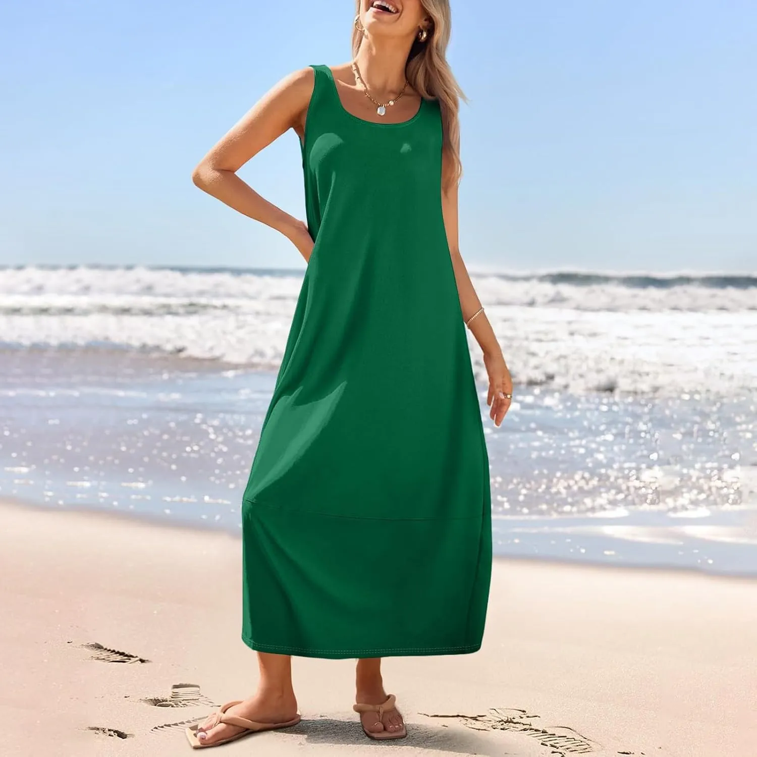 Dresses for Women 2025 Summer Casual Maxi Dress Scoop Neck Sleeveless Sundress Loose Flowy Beach Vacation Tank Dress