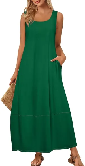 Dresses for Women 2025 Summer Casual Maxi Dress Scoop Neck Sleeveless Sundress Loose Flowy Beach Vacation Tank Dress