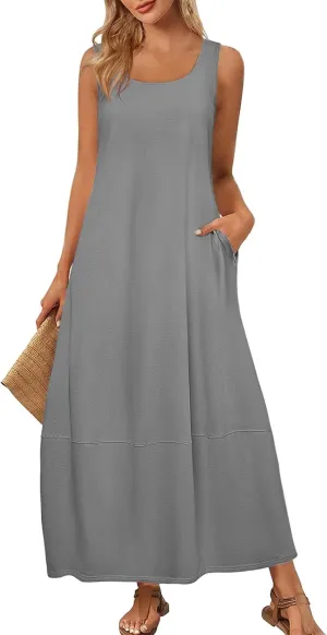 Dresses for Women 2025 Summer Casual Maxi Dress Scoop Neck Sleeveless Sundress Loose Flowy Beach Vacation Tank Dress