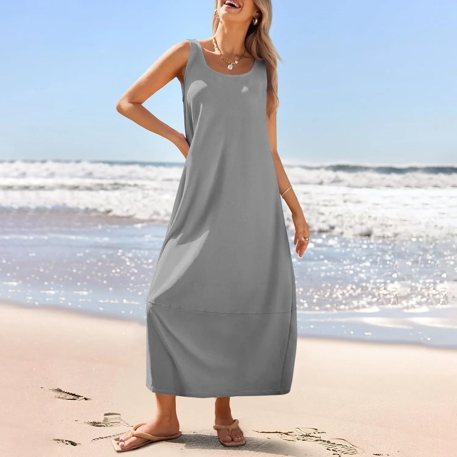 Dresses for Women 2025 Summer Casual Maxi Dress Scoop Neck Sleeveless Sundress Loose Flowy Beach Vacation Tank Dress