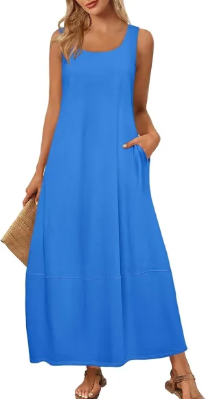 Dresses for Women 2025 Summer Casual Maxi Dress Scoop Neck Sleeveless Sundress Loose Flowy Beach Vacation Tank Dress