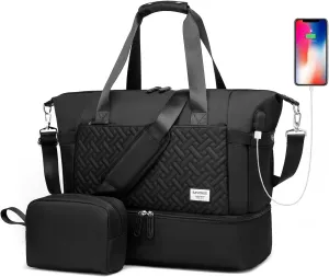Duffle Bag for Travel, Weekender Bag with Shoe Compartment, Carry On Overnight Bag for Women with Toiletry Bag, 50L Gym Bag with Wet Pocket, Hospital Bags for Labor and Delivery, Black-2pcs, Style3