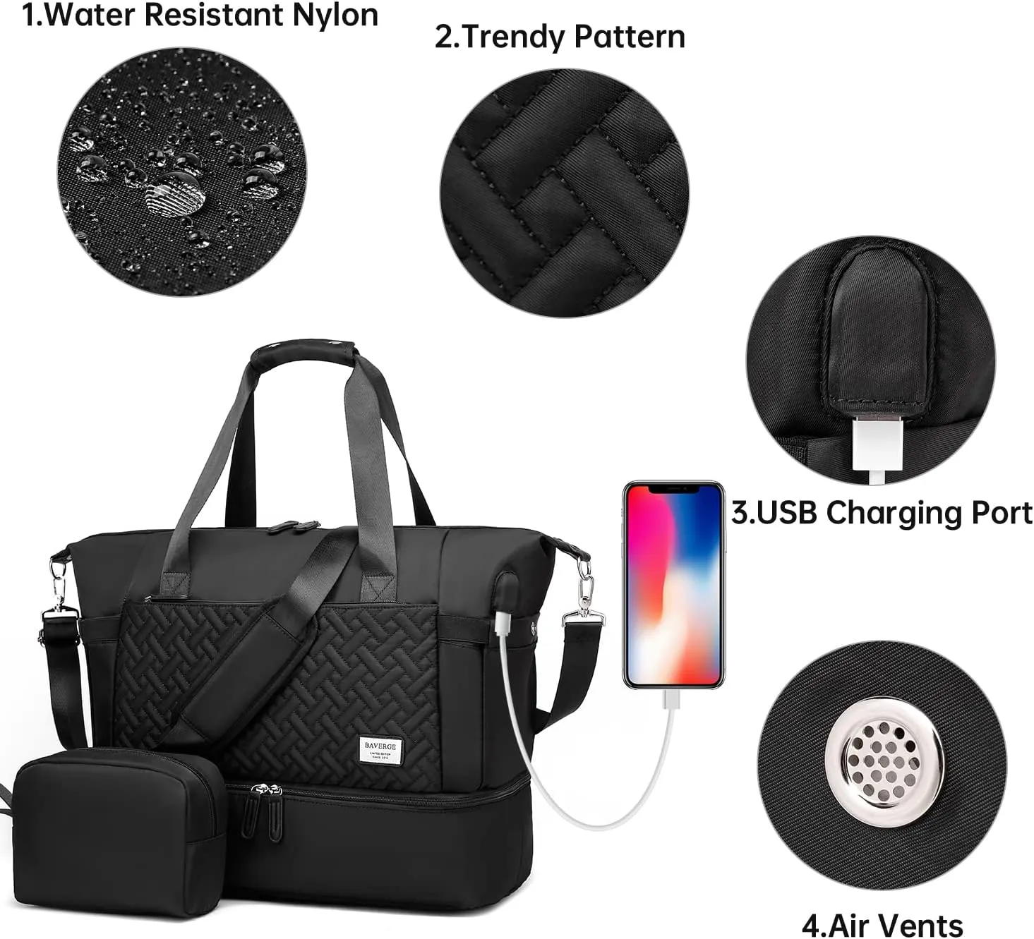 Duffle Bag for Travel, Weekender Bag with Shoe Compartment, Carry On Overnight Bag for Women with Toiletry Bag, 50L Gym Bag with Wet Pocket, Hospital Bags for Labor and Delivery, Black-2pcs, Style3