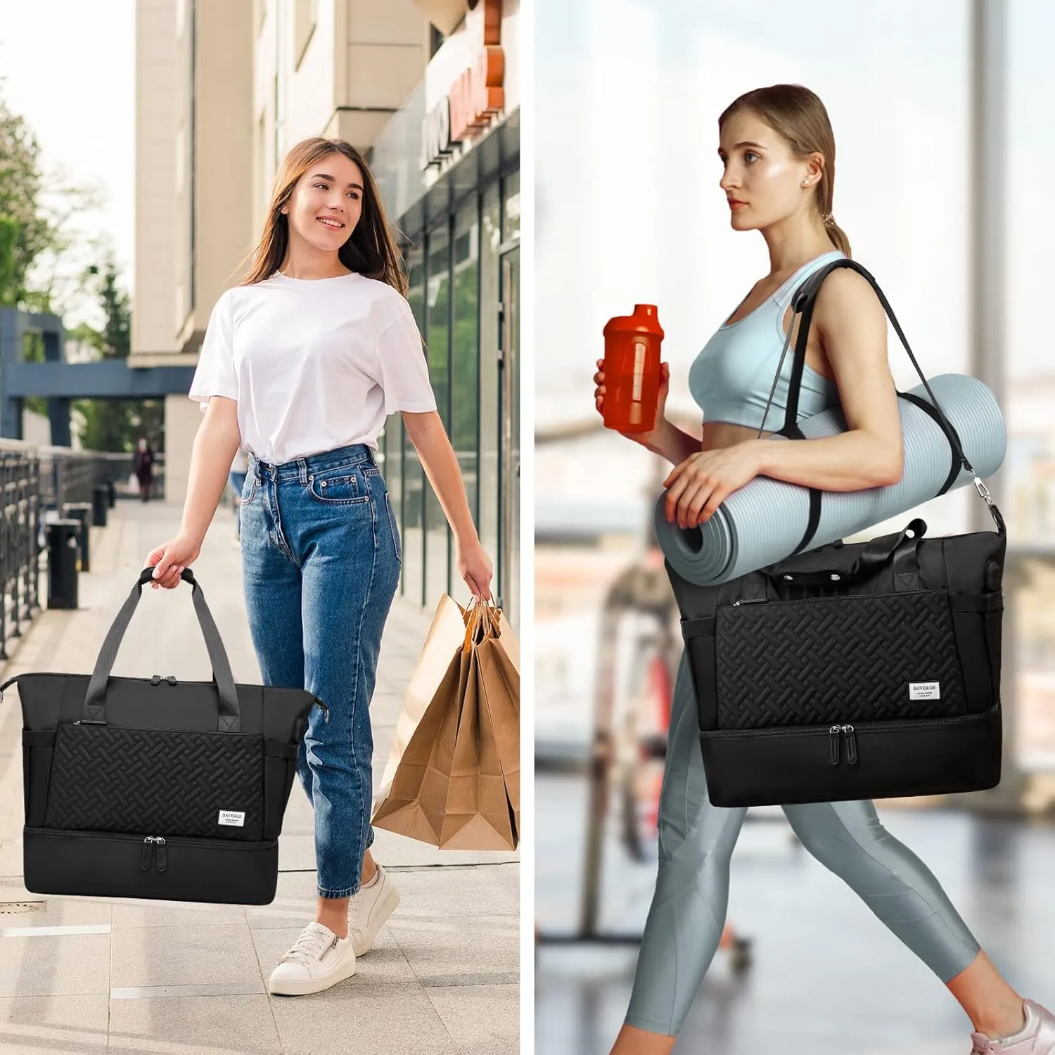 Duffle Bag for Travel, Weekender Bag with Shoe Compartment, Carry On Overnight Bag for Women with Toiletry Bag, 50L Gym Bag with Wet Pocket, Hospital Bags for Labor and Delivery, Black-2pcs, Style3