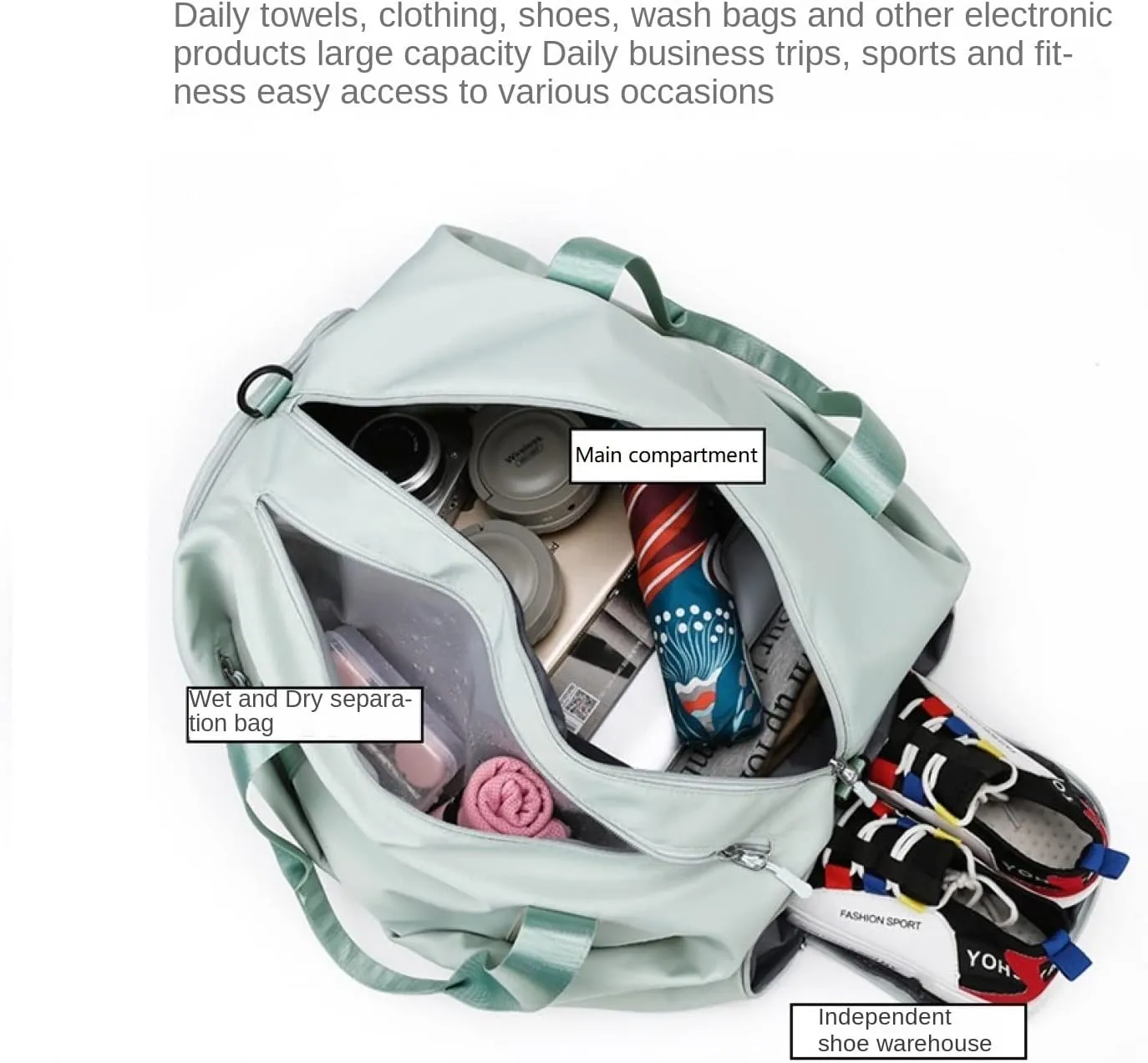 Duffle Bag, Gym Bag for Women, Separate Shoes Compartment Yoga Bag, Wet and Dry Separation Beach Bag, Mint Green, Small, Leisure