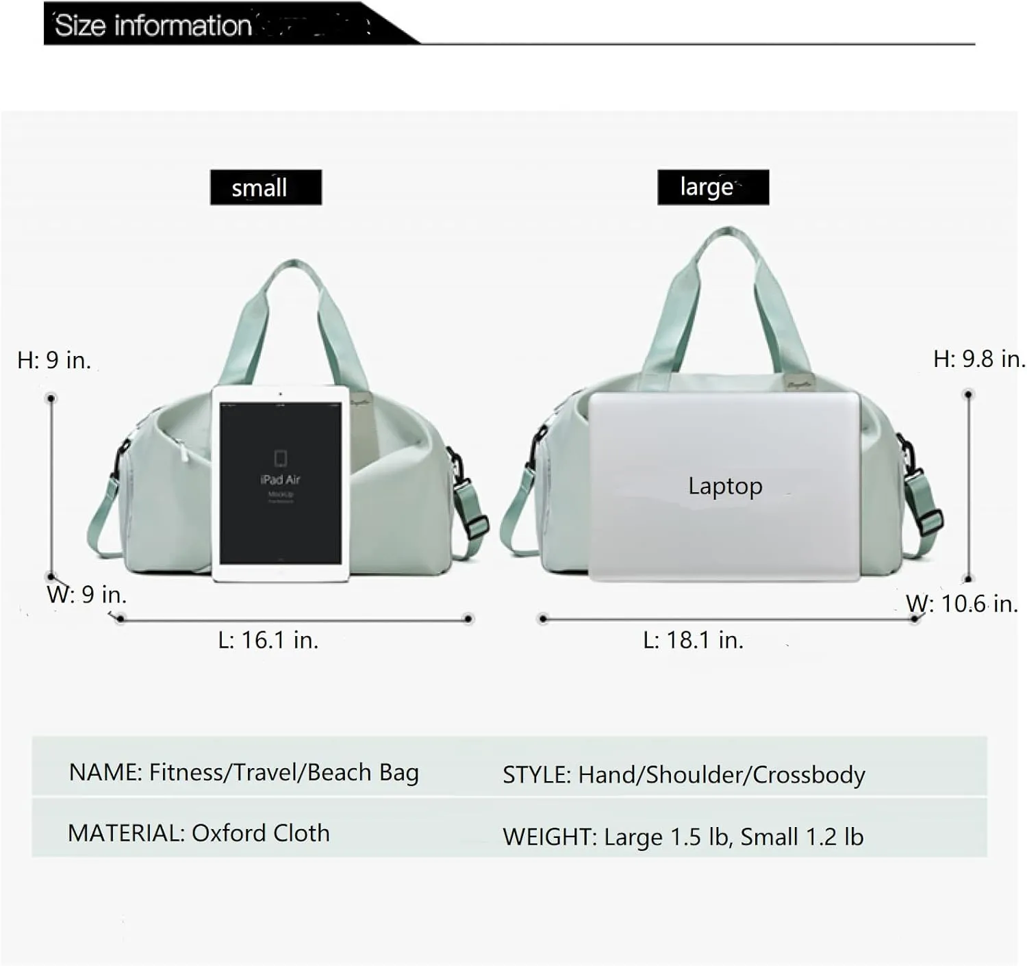 Duffle Bag, Gym Bag for Women, Separate Shoes Compartment Yoga Bag, Wet and Dry Separation Beach Bag, Mint Green, Small, Leisure