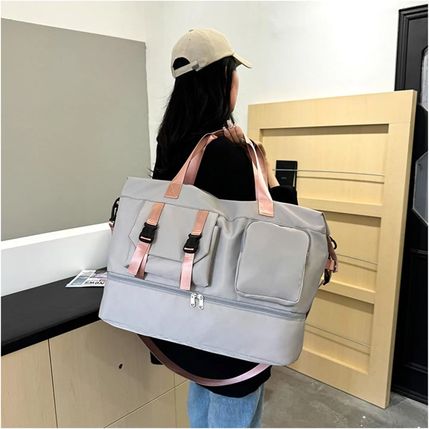 Duffle Bag Gym Bags Waterproof Weekender Bags For Women,With Shoes Compartment Wet Pocket,Sports Bag,Travel Duffle Bag (Gray)