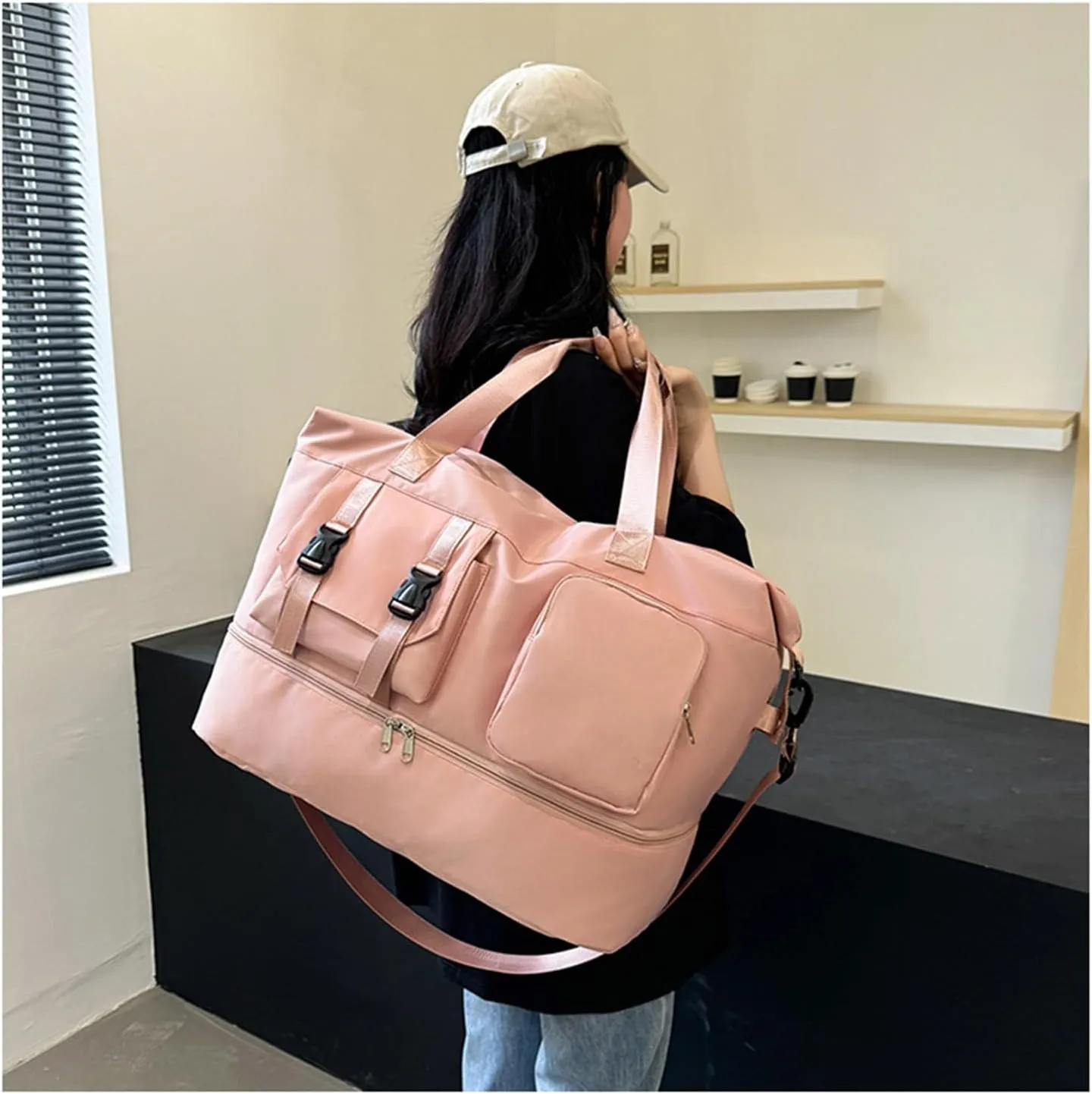 Duffle Bag Gym Bags Waterproof Weekender Bags For Women,With Shoes Compartment Wet Pocket,Sports Bag,Travel Duffle Bag (Pink)