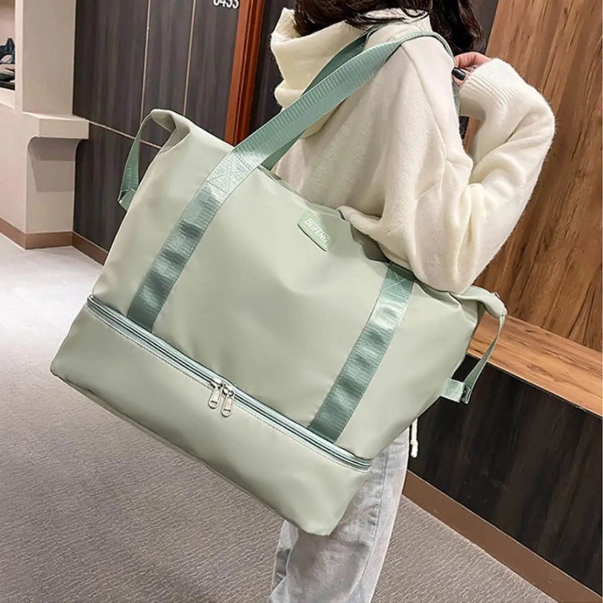 ESUPPORT Gym Bag for Women Travel Duffel Bag Weekender Carry on Overnight Bag with Wet Pocket and Expandable Shoes Compartment(Green)