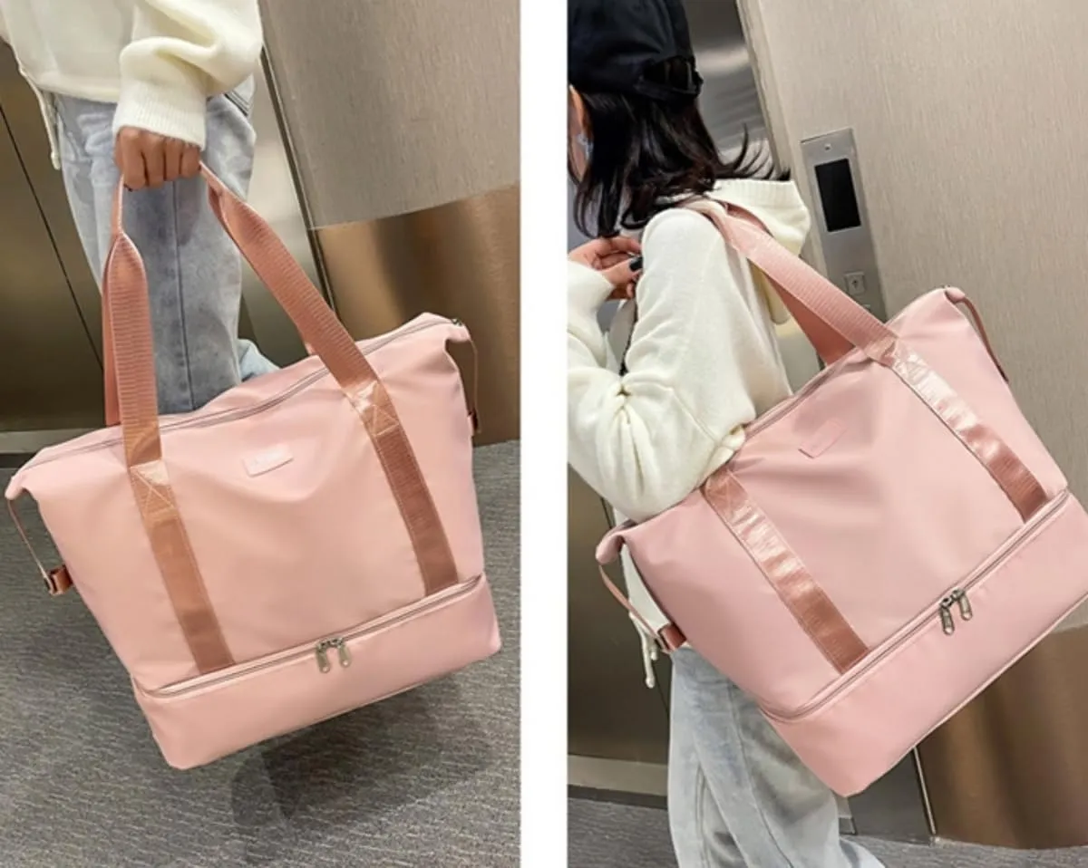 ESUPPORT Gym Bag for Women Travel Duffel Bag Weekender Carry on Overnight Bag with Wet Pocket and Expandable Shoes Compartment(Light Pink)