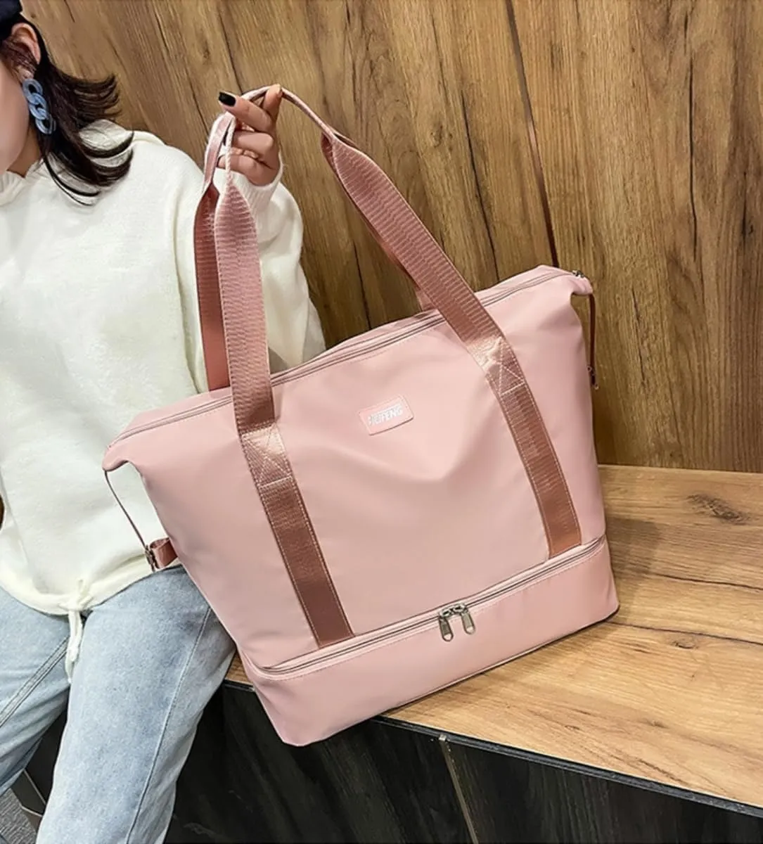 ESUPPORT Gym Bag for Women Travel Duffel Bag Weekender Carry on Overnight Bag with Wet Pocket and Expandable Shoes Compartment(Light Pink)