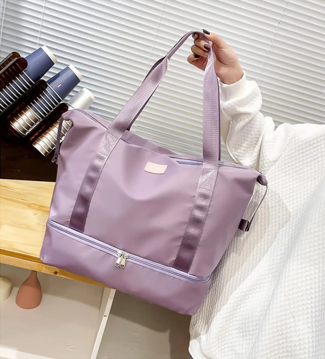 ESUPPORT Gym Bag for Women Travel Duffel Bag Weekender Carry on Overnight Bag with Wet Pocket and Expandable Shoes Compartment(Purple)